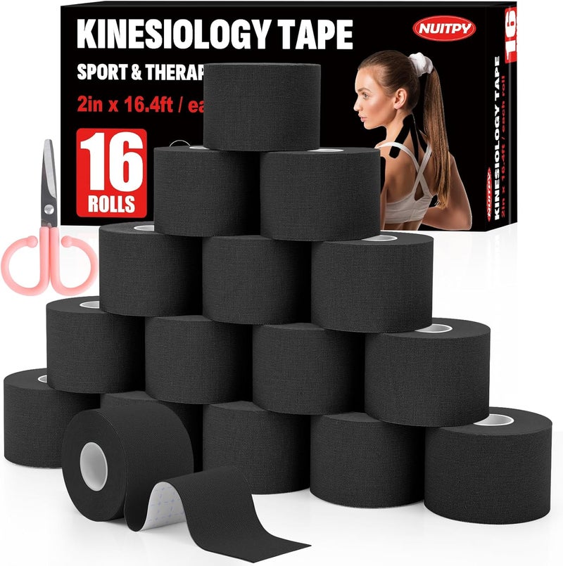 NUITPY 16 Rolls Kinesiology Tape, 2 inch x 16.4 Feet Waterproof Athletic Tape, Uncut Kinetic Tape, Elastic Muscle Tape, Sports Tape, Knee Tape for Exercise and Daily Use - Black - Image 1